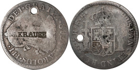 S. KRAUSE on the obverse of a Spanish colonial 1782-Mo FF 2 reales. Brunk K-335, Rulau-Unlisted. Host coin Very Good, Holed.
From the Sydney F. Marti...