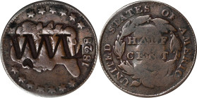 WWL monogram on the obverse of an 1828 13 Stars Classic Head Half Cent. Brunk L-26, Rulau-Z140K. Host coin Very Good.
From the Sydney F. Martin Colle...