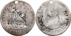 N.H.M. twice on the obverse of a Spanish colonial 1753-Mo M 2 reales. Brunk-Unlisted, Rulau-Unlisted. Host coin About Good, Holed.
From the Sydney F....