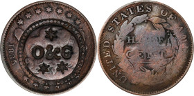 (star) / O & G / (star) (star) within a beaded circular border on the obverse of an 1835 Classic Head half cent. Brunk O-4, Rulau-HT 545. Host coin Ve...