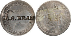 J.A. REAM on the obverse of a Spanish colonial 1782-Mo FF real. Brunk-Unlisted, Rulau-Unlisted. Host coin Fine, Cleaned.
From the Sydney F. Martin Co...