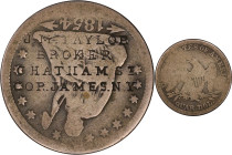NEW YORK. New York. J.M. TAYLOR / BROKER / CHATHAM ST. / COR. JAMES. N.Y. on the obverse of an 1854 Arrows Liberty Seated quarter. Brunk T-95, Rulau-N...