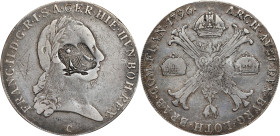 (U.S. Federal eagle) on the obverse of an Austrian Netherlands 1796-C taler. Brunk-Unlisted, Rulau-Unlisted. Host coin Very Fine.
From the Sydney F. ...