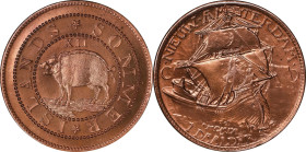 Undated (ca. 1961) Sommer Islands Shilling / Hudson-Fulton Celebration Bashlow Mule. Copper. Gem Mint State.
38 mm. Obv: Sommer Islands shilling repl...
