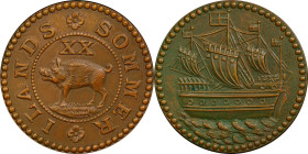 Undated (ca. 1956) Sommer Islands "20 Shillings" Fantasy by A. Wuesthoff. W-18500. Bronze. MS-62 (PCGS).
194.5 grains. Coin dealer Wuesthoff was loca...