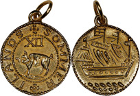 Undated (modern) Sommer Islands Shilling Replica Pendant. Gold. As Made.
17 mm. 3.5 grams, 18 karat, 0.08 troy ounces AGW. Looped for suspension, wit...