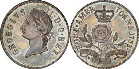 "1733" (1860s) Pattern Rosa Americana Twopence. Robinson Copy. Kenney-4, W-15180. Silver. MS-64 (PCGS).
204.5 grains. From a reported mintage of just...