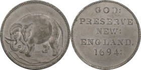 "1694" (1860s) New England Elephant Token. Robinson Copy. Kenney-5, W-15200 (for type). White Metal. AU-58 (PCGS).
160.0 grains. Unlisted in this met...