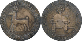 "1737" (1860s) Higley Copper. Bolen Copy. Kenney-4, Musante JAB-10, W-14285. THE VALVE OF THREE PENCE / CONNECTICVT, 3 Hammers. Silver. Overstruck. AU...