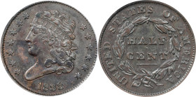 1833 Classic Head Half Cent. C-1. Rarity-1. EF-40 Details--Corroded (ANACS).
PCGS# 1162. NGC ID: 222Z.

Estimate: $100