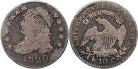 1820 Capped Bust Dime. JR-10. Rarity-3. Small 0. Good-6 (PCGS).
PCGS# 4493. NGC ID: 236X.

Estimate: $100