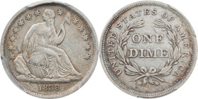 1838 Liberty Seated Dime. No Drapery. Large Stars. EF-40 (PCGS).
PCGS# 4568. NGC ID: 237U.

Estimate: $150