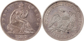 1858-S Liberty Seated Half Dollar. WB-7. Rarity-3. Large S. AU-53 (NGC).
PCGS# 6295. NGC ID: 24HX.

Estimate: $765
