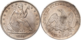 1865-S Liberty Seated Half Dollar. WB-7. Rarity-5. Repunched Date, Small Thin S. AU-58 (NGC).
Reverse Die State d.
PCGS# 6314. NGC ID: 24JG.

Esti...