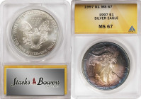 Lot of (2) Toned 1990s Silver Eagles. MS-67 (ANACS).
Included are: 1991; and 1997.

Estimate: $100