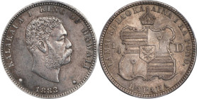 1883 Hawaii Quarter Dollar. Medcalf-Russell 2CS-3. AU-58 (PCGS).
PCGS# 10987. NGC ID: 2C58.

Estimate: $200