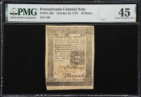 PA-186. Pennsylvania. October 25, 1775. 18 Pence. PMG Choice Extremely Fine 45.
No. 146. Moderately circulated with three extant penned signatures.
...