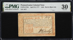 PA-214b. Pennsylvania. April 10, 1777. 1 Shilling, 6 Pence. PMG Very Fine 30.
No. 1877. Evenly circulated with the extant penned signature of William...