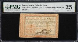 PA-217b. Pennsylvania. April 10, 1777. 4 Shillings. PMG Very Fine 25.
No. 877. Evenly circulated with the extant signatures of William Kenly and Benj...