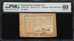 PA-218b. Pennsylvania. April 10, 1777. 6 Shillings. PMG Extremely Fine 40.
No. 22390. Moderately circulated with the extant signatures of William Ken...