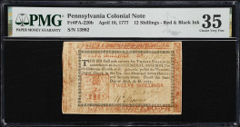 PA-220b. Pennsylvania. April 10, 1777. 12 Shillings. PMG Choice Very Fine 35.
No. 13902. Moderately circulated albeit with imperfections. This note f...