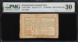 PA-220b. Pennsylvania. April 10, 1777. 12 Shillings. PMG Very Fine 30.
No. 27653. Evenly circulated albeit with faint and indiscernible signatures.
...