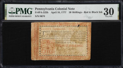 PA-222b. Pennsylvania. April 10, 1777. 20 Shillings. PMG Very Fine 30.
No. 8674. Evenly circulated with extant penned signatures from James Cannon an...