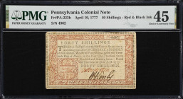 PA-223b. Pennsylvania. April 10, 1777. 40 Shillings. PMG Choice Extremely Fine 45.
No. 4902. A moderately circulated example of this otherwise "commo...