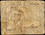 CC-8. Continental Currency. May 10, 1775. $8. Fine.
No. 46132. A well-circulated Continental representative of the $8 denomination. Faults typical of...