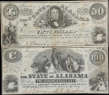 Lot of (2) Montgomery, Alabama. State of Alabama. 1864 $50 & $100. Very Fine.
Two Obsoletes from Alabama issued during the American Civil War in 1864...