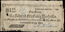 Fayetteville, Arkansas. Store of W.A. Watson. 1862 $1.50. Very Fine.
No. 53. A very rare piece of scrip from Fayetteville, Arkansas attributable to t...