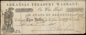 Little Rock, Arkansas. State of Arkansas. Treasury Warrant. 1861 $3. Fine.
No. 7113. Fully issued with even circulation. The tip of the lower right c...