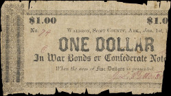 Waldron, Arkansas. Scott County. 1862 $1. Fine.
No. 74. Presumably a rare piece of scrip from Arkansas. This piece hails from Scott County along the ...