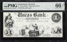 Norwich, Connecticut. Uncas Bank. 186x $1. PMG Gem Uncirculated 66 EPQ. Proprietary Proof.
Plate A. Imprint of the American Bank Note Company (New Yo...