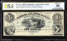 Jacksonville, Florida. Florida Atlantic & Gulf Central Rail Road Company. 18xx $1. PCGS Banknote Choice About Uncirculated 58. Remainder.
No. None. P...