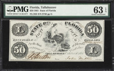 Tallahassee, Florida. State of Florida. 1861 $50. PMG Choice Uncirculated 63 EPQ.
No. 2733. Plate G. A rather rudimentary design typical of the perio...