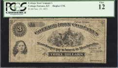 Cottage Furnace, Kentucky. Cottage Iron Company's. 1873 $3. PCGS Currency Fine 12.
No. None. Plate None. Long abandoned and located in the rural expa...