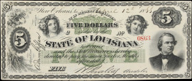 New Orleans, Louisiana. State of Louisiana. 1866 $5. Extremely Fine.
No. 0863. Plate C. A rarity from the likes of Louisiana. This note bears a stron...