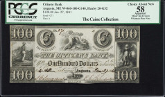 Augusta, Maine. Citizens Bank. 1841 $100. PCGS Currency Choice About New 58 Apparent. Minor Ink Erosion.
No. 271. Plate A. Imprint of Terry, Pelton &...