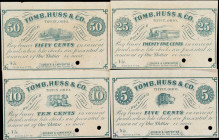 Lot of (4) Tiffin, Ohio. Tomb, Huss & Company. 1862 5, 10, 25 & 50 Cents. About Uncirculated to Choice Uncirculated. Remainders.
A quartet of fractio...