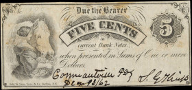Conneautville, Pennsylvania Scrip. 1862 5 Cents. Fine.
No. 370. A rare piece of scrip from the likes of Pennsylvania. No offerings of anything simila...