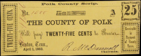 Benton, Tennessee. County of Polk. 1863 25 Cents. Very Fine to Extremely Fine.
No. 1500. A lightly circulated piece of scrip from East Tennessee. Pol...