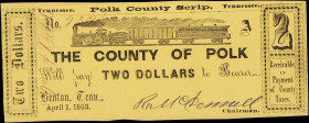 Benton, Tennessee. County of Polk. 1863 $2. Choice Uncirculated.
No. 9321. A lightly handled piece of scrip from East Tennessee. Polk County was one ...