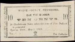 Sparta, Tennessee. White County. 1863 10 Cents. Very Fine.
No. 129. A rare wartime issue from Middle Tennessee. White County was the site of no major...
