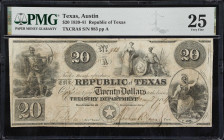 Austin, Texas. Republic of Texas. 1840 $20. PMG Very Fine 25.
No. 983. Plate A. An evenly circulated $20 issued by the short-lived Republic of Texas ...