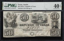 Austin, Texas. Republic of Texas. 1840 $50. PMG Extremely Fine 40 EPQ.
No. 2125. Plate A. A moderately circulated $50 issued by the Republic of Texas...