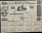 Austin, Texas. Republic of Texas. 10% Consolidated Fund. 1840 $500. Very Fine.
No. 694. Plate A. Intact with some stains and cancellations. Some ink ...