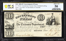 Houston, Texas. Government of Texas. 1838 $10. PCGS Banknote About Uncirculated 50.
No. 2132. Plate B. Issued at the Republic's penultimate capital i...