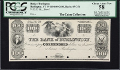 Burlington, Vermont. Bank of Burlington. 18xx $100. PCGS Currency Choice About New 58. Hole Punch Cancelled, Mounted on Cardstock. Proof.
Plate A. Du...
