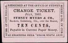 Galesburg, Illinois Chit. Sydney Myers & Company. 1862 10 Cents. Choice Uncirculated.
A chit contemporary to the American Civil War issued by Sydney ...